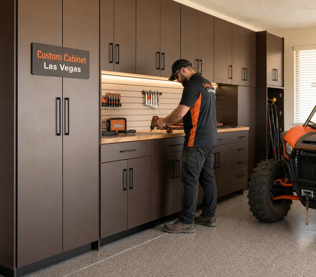 Clean Las Vegas residential garage with modern cabinets, a tall locker cabinet, and an integrated work surface