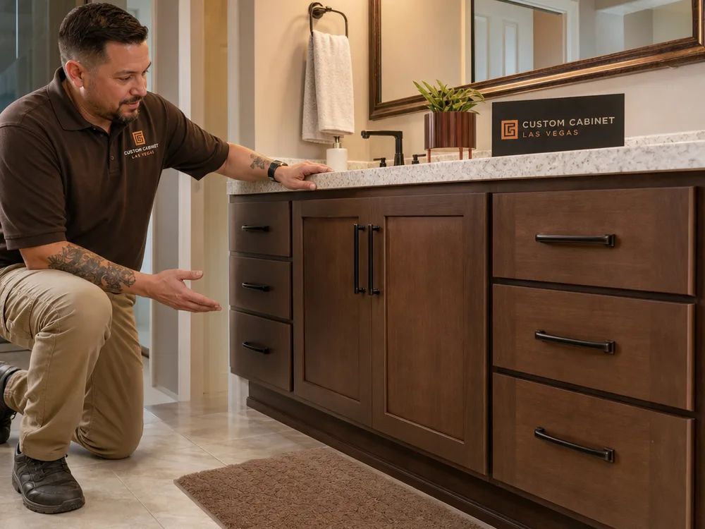 Bathroom vanity cabinetry fitted tightly to tile and wall lines