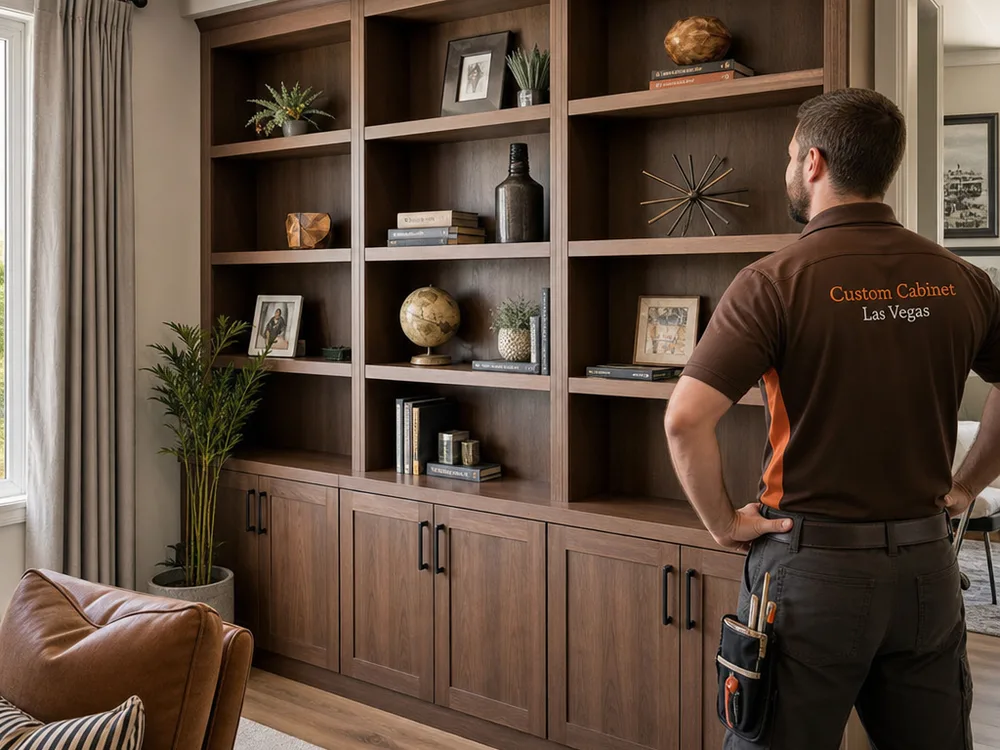 Living room built-in with adjustable shelving and closed base storage installed flush to the wall