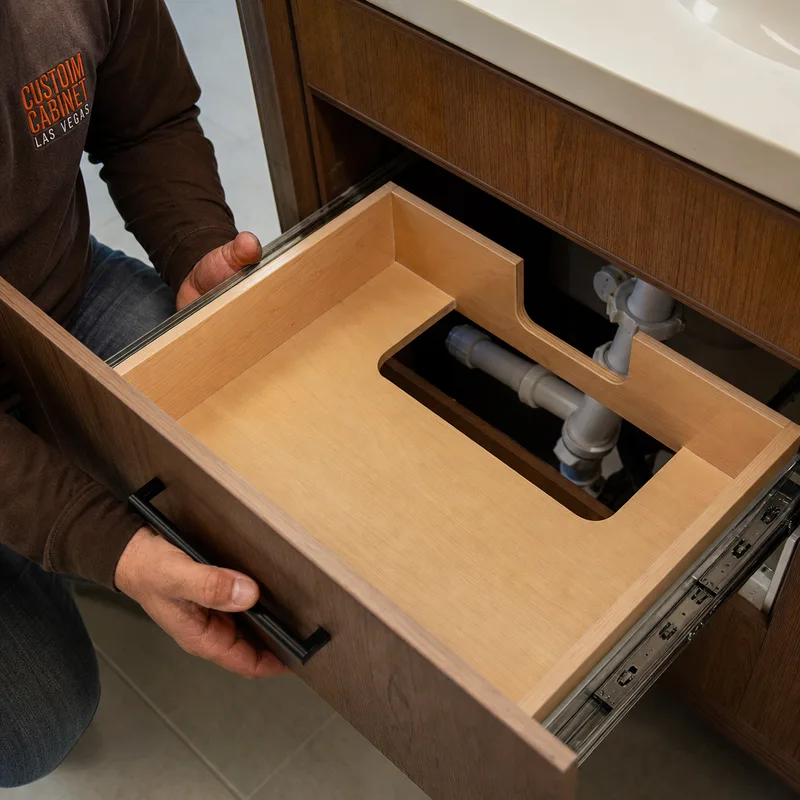 Vanity drawer interior with full-extension slides and neat cutouts that preserve storage while keeping plumbing accessible
