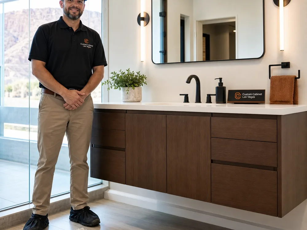 Floating bathroom vanity with a wall-mounted cabinet box, concealed support, and clean shadow line above the floor