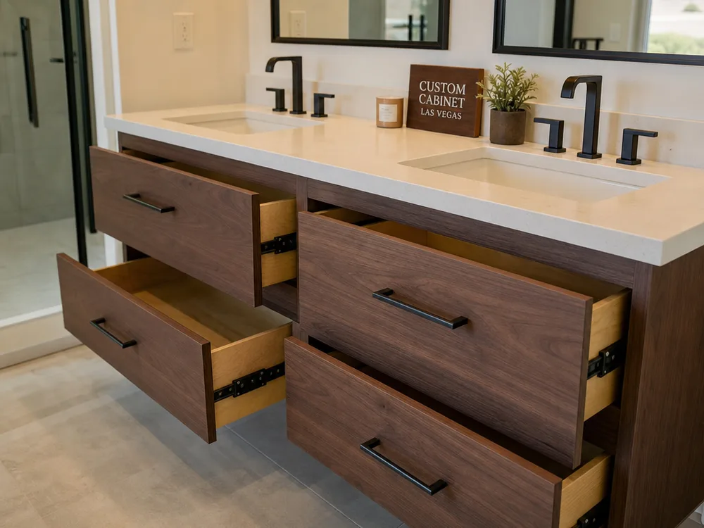 Bathroom vanity with double drawers, undermount sink cutout, and aligned soft-close hardware