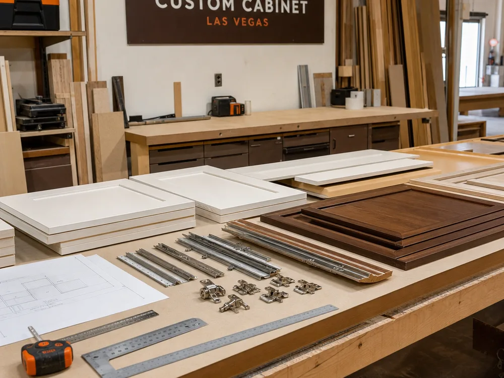 Cabinet components, hardware, and measuring tools arranged on a clean workbench